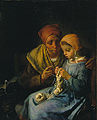 『編み物の手ほどき』1869年。油彩、キャンバス、101.3 × 83.2 cm。セントルイス美術館[101]。1869年サロン入選。