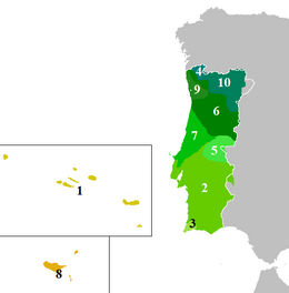 Mapa da extensão geográfica dos dialetos do português europeu
