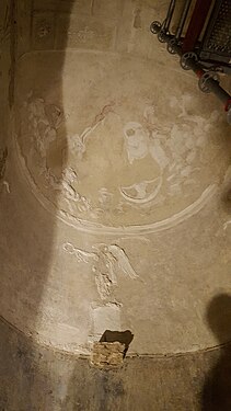 Cul-de-four de l'abside, avec, à gauche, Apollon debout sur un rocher et, à droite, une représentation présumée de la Mort de Sapphô[11].