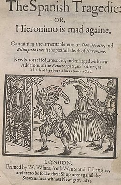 Titolpaĝo de la verko "La Hispana Tragedio" reprezentata en 1586 kaj eldonita en 1592 far Thomas Kyd.
