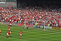Wrexham v. Boston United, English Football League, a player scores a penalty kick.