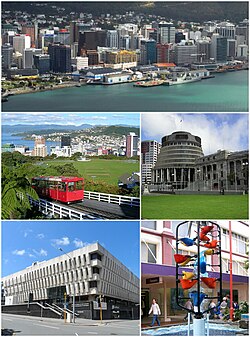 Clockwise from top: Waterfront along Wellington Harbour, Parliament Buildings, The Bucket Fountain, National Library, Wellington Cable Car