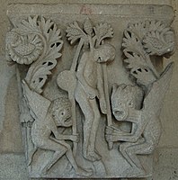 Judas Iscariot hangs himself(縊死するイスカリオテのユダ), assisted by devils, always a favourite subject of carvers. Autun Cathedral(オータンの聖ラザロ大聖堂（英語版）)