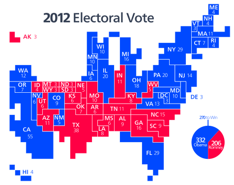 Cartogramma dei risultati del voto per il collegio elettorale: ogni quadrato rappresenta un grande elettore