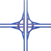 Persimpangan bulatan: Sangat lazim di United Kingdom sama ada sebagai persimpangan dua lebuh raya ataupun persimpangan keluar.