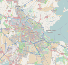 Mapa konturowa Amsterdamu, w centrum znajduje się punkt z opisem „Synagoga Portugalska w Amsterdamie”