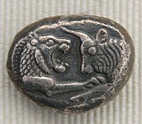Creseida de plata. Moneda emitida pol rei Creso de Lidia, sieglu VI e.C.
