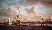Het voormalige vlaggeschip van Cornelis Tromp de 'Gouden Leeuw' op het IJ voor Amsterdam. Schilderij van Willem van de Velde de Jonge (1633-1707); 1686.