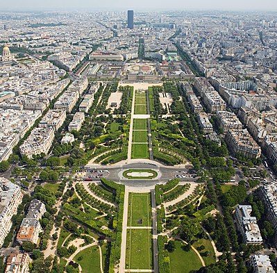 A two segment panorama of Champ de Mars from the Eiffel Tower.