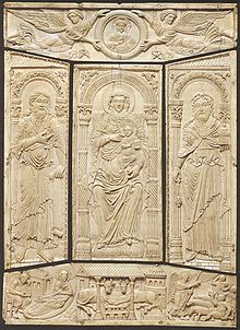 Ivory cover of the Lorsch Gospels, c. 810, Carolingian, Victoria and Albert Museum.jpg