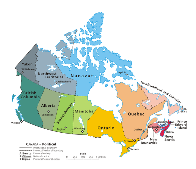 Bản đồ chứa các liên kết của Canada với 10 tỉnh bang và 3 lãnh thổ, cùng thủ phủ của chúng.