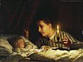 Ալբերտ Անկեր Երիտասարդ մայրը մոմի լույսի տակ նայում է քնած երեխային (1875)