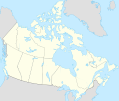 Mapa konturowa Kanady, na dole nieco na lewo znajduje się punkt z opisem „The Pas”