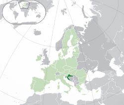  Kroatiens placering  (mørkegrøn) – på det europæiske kontinent  (grøn og mørkegrå) – i den Europæiske Union  (grøn)  –  [Forklaring]