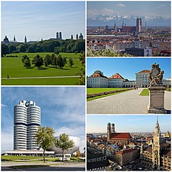 Az Englischer Garten, a belváros (távolban az Alpokkal), a Nymphenburgi kastély, a városháza és a Miasszonyunk-templom és a BMW székháza