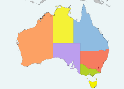 Australia map. Western Australia in the west third with capital Perth, Northern Territory in the north centre with capital Darwin, Queensland in the northeast with capital Brisbane, South Australia in the south with capital Adelaide, New South Wales in the northern southeast with capital Sydney, and Victoria in the far southeast with capital Melbourne. Tasmania, with capital Hobart, is off the coast of Victoria, across the Bass Strait. The Indian Ocean is to the west and northwest, the South Pacific Ocean to the east, the Southern Ocean to the south, and the Tasman Sea to the southeast. The Great Australian Bight to the south and the Gulf of Carpentaria to the north are the major bays. The Timor and Arafura Seas are off the north coast, and the Great Barrier Reef guards the northeast coast against the Coral Sea.