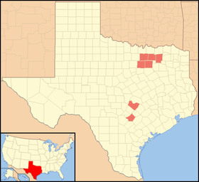 Bản đồ của Texas với các Hạt Collin, Travis, Dallas, Denton, Guadalupe, Tarrant và Hunt được tô màu xanh lục.