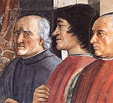 Лоренцо (в центъра), изрисуван от Гирландайо в Капела Сасети.