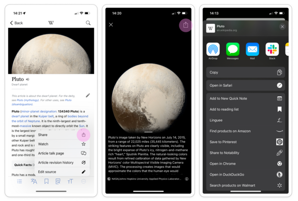 3 screenshots from the iOS app. First shows the Pluto article, with the overflow menu open, and Share highlighted. Second shows the full-screen view of the image of Pluto, with the Share option highlighted. Third shows the iOS system dialog for sharing.