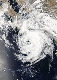 Satellite image of Tropical Storm Bud approaching the Baja California Peninsula on June 14