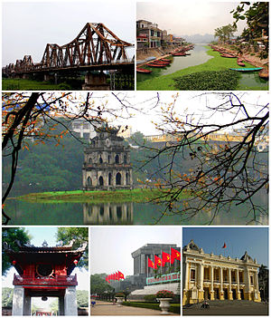 (from left) top: Temple of Literature, Turtle Tower; middle: Flag Tower of Hanoi, Hanoi Opera House, Long Biên Bridge; bottom: One Pillar Pagoda, Ho Chi Minh Mausoleum