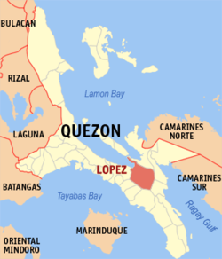 Mapa ng Quezon na nagpapakita sa lokasyon ng Lopez.