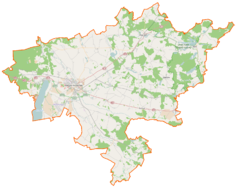 Mapa konturowa powiatu stargardzkiego, na dole nieco na lewo znajduje się punkt z opisem „Moskorzyn”