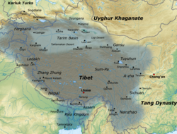 نقشه امپراتوری تبت در بزرگترین وسعت قلمرو خود میان دهه ۷۸۰ و ۷۹۰ گاه‌شماری دوران مشترک.