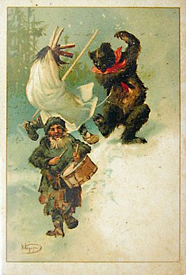 «Вождение медведя с козой и барабанщиком». Рождественская дореволюционная открытка