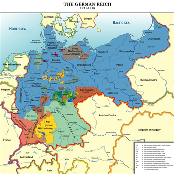 Peta Eropa tengah yang menunjukkan 26 wilayah yang akan menjadi bagian dari Kekaisaran Jerman bersatu pada tahun 1891. Prusia yang berbasis di timur laut mendominasi wilayah Kekaisaran Jerman (sekitar 40% wilayah kekaisaran).