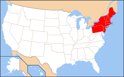 As definições regionais variam de fonte para fonte. Este mapa reflete o nordeste dos Estados Unidos conforme definido pelo Census Bureau.