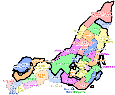Mapa actual de Montreal y de los sos 15 distritos (la seición arrodiada per una llinia más gruesa).