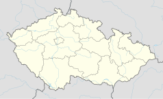 Mapa konturowa Czech, blisko centrum na lewo znajduje się punkt z opisem „České dráhy, a.s.”