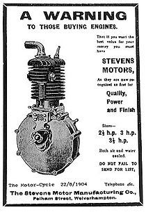 Advertentie voor een motorfietsblok uit 1904. Het merk heette toen nog "Stevens".