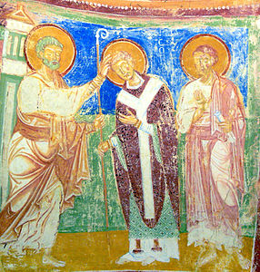Egy 12. századi festményen Szent Péter püspökként bíbort visel, miközben fölszenteli Szent Hermagorast
