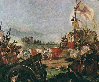 Карроччо під час битви при Леньяно, картина Амоса Кассіолі. На карроччо ви можете побачити прапор Ломбардської ліги - білий прапор з червоним хрестом на ньому, який був запозичений у Мілана