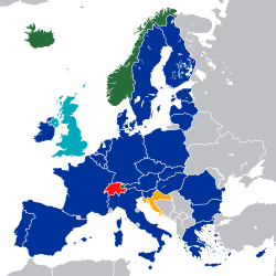      کشورهای اتحادیه اروپا که در منطقه اقتصادی هستند     کشورهای انجمن تجارت آزاد که در منطقه اقتصادی هستند     کشوری که عضو اتحادیه و انجمن نیست و اجرای پیمان در آن در حالت گذار است.[۲]     کشوری که پیمان موقتاً در آن اجرا می‌شود     کشوری که پیمان منطقه را امضا کرده ولی به منطقه نپیوسته‌است