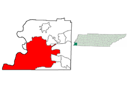 A város elhelyezkedése (piros) Tennessee államban