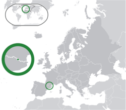 Location of  Andorra  (center of green circle) in Europe  (dark grey)  –  [Legend]