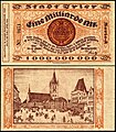20. 100 évvel ezelőtt, 1923-ban kibocsátott egymilliárd márkás trieri szükségpénz, tervezte: Fritz Quant (aláírása: „Quant”), hátoldal: „Hauptmarkt” Trier (1849) (javítás)/(csere)