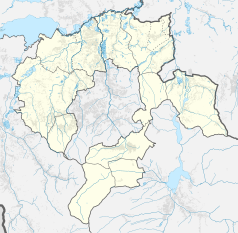 Mapa konturowa powiatu bielskiego, blisko centrum na dole znajduje się punkt z opisem „Bystra”