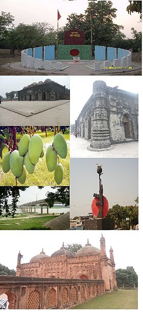 Chapai Nawabganj Landmarks (Clockwise from top): GONO KOBOR, Choto Sona Mosjid, Choto Sona Mosjid(side view), آم, Liberation War Statue, Darosbari