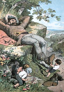 Illustration of the fairy tale character, تام ثومب، on a hillside, next to a giant's foot.