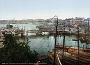 Fotochroomafdruk van de Koningsbrug en de Maasbrug in Rotterdam (tussen 1890 en 1905)