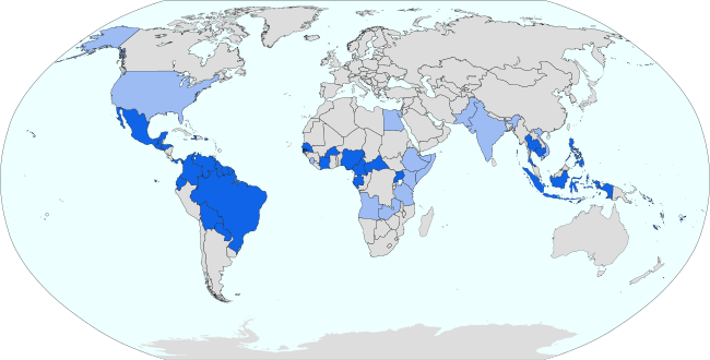 Carte de l'épidémie de Zika (au 21 janvier 2016).