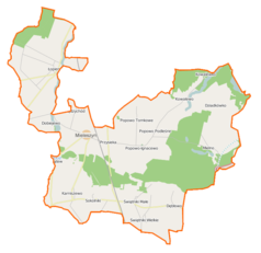 Mapa konturowa gminy Mieleszyn, na dole nieco na prawo znajduje się punkt z opisem „Dębłowo”