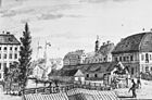 Straße Am Packhof (zwischen dem Flachbau und den dahinter stehenden Wohnhäusern), 1810