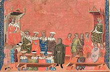 Enluminure médiévale montrant deux trônes face à face entre lesquels se trouvent deux rangées de bancs. Divers personnages en habits médiévaux sont assis et discutent tandis qu'un homme habillé en moine se tient debout au milieu.