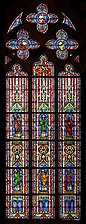 Stained glass window in the ambulatory depicting Liborius of Le Mans, Julian of Le Mans and four other bishops of Le Mans - Le Mans Cathedral, Le Mans, France.
