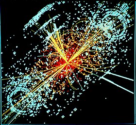 Simulace zobrazující objevení Higgsova bosonu v detektoru CMS (v LHC).